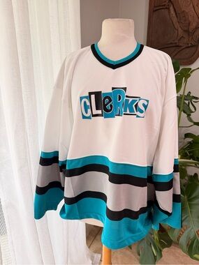 Clerks Hockey Jersey Kevin Smith Movie White Teal Black XL